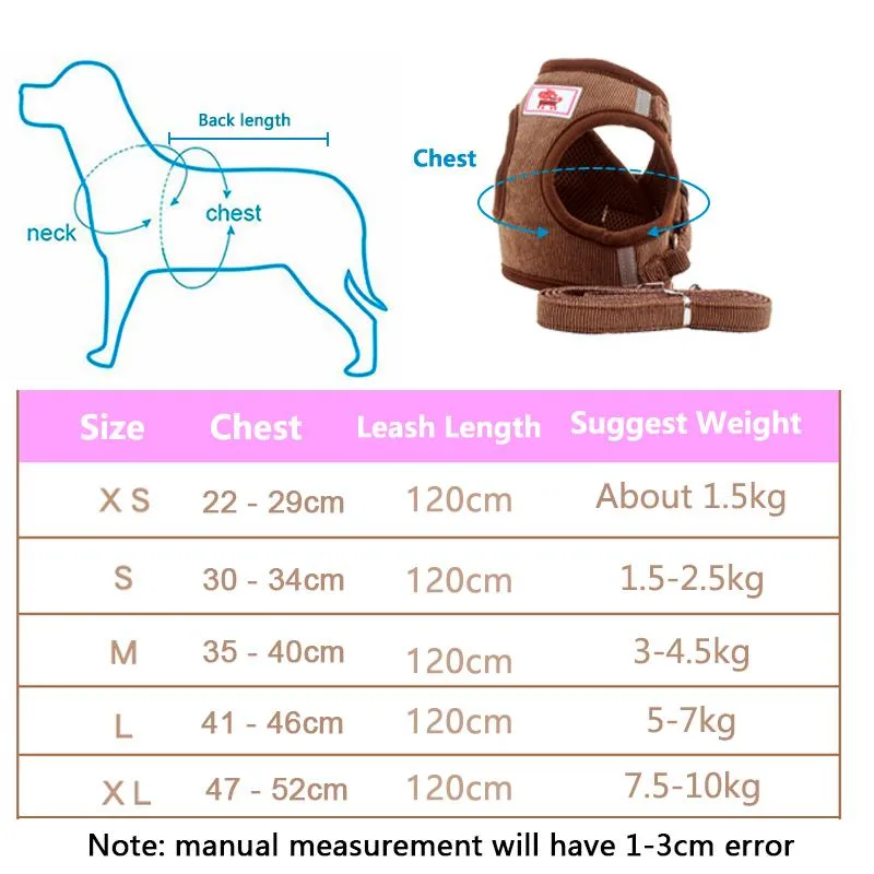 Adjustable Corduroy Mesh Warm Walking Dog Cat Harness Vest with Leash