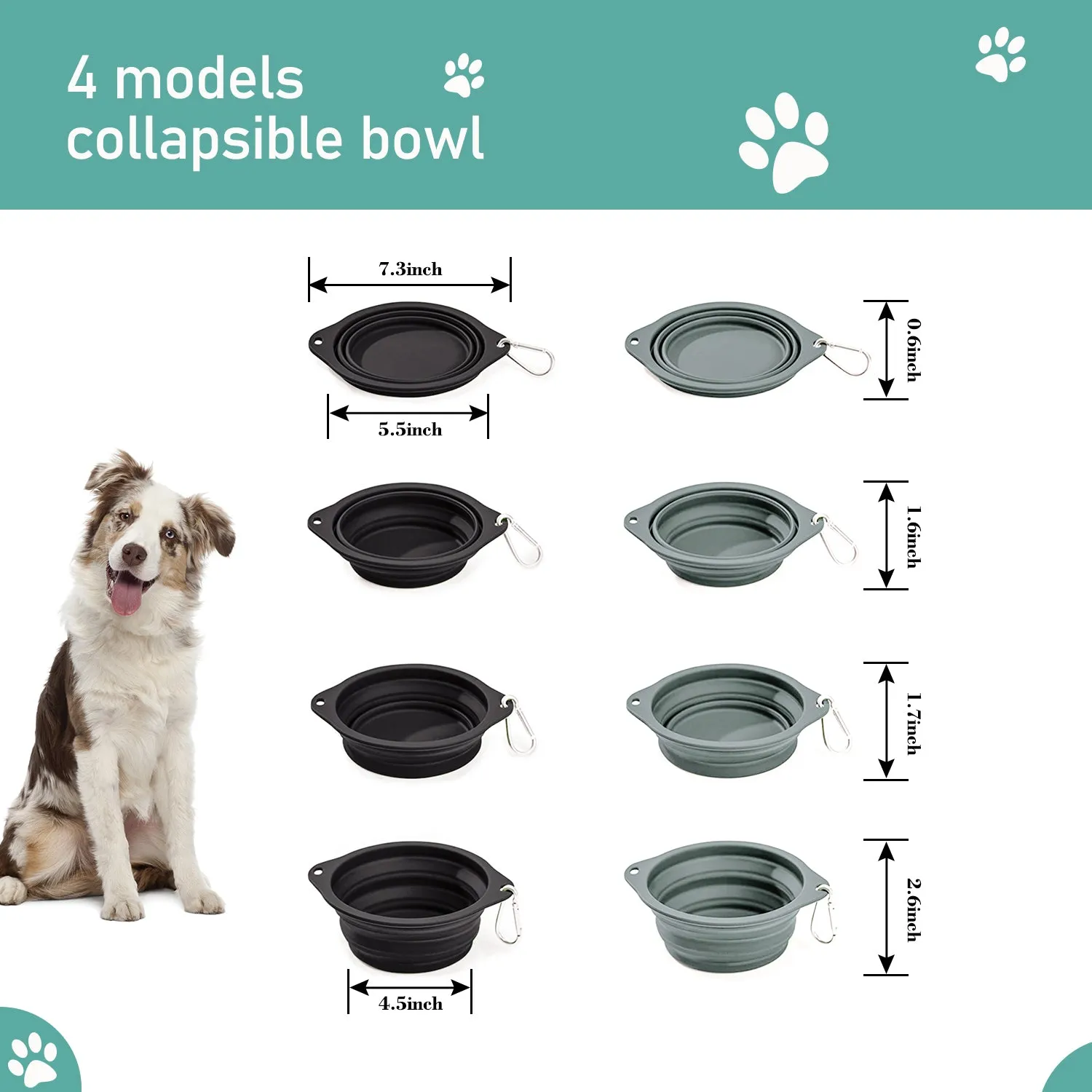 GOOPAWS 2 Pack Silicone Non-Skid Travel Dog and Cat Bowl, Black&Grey