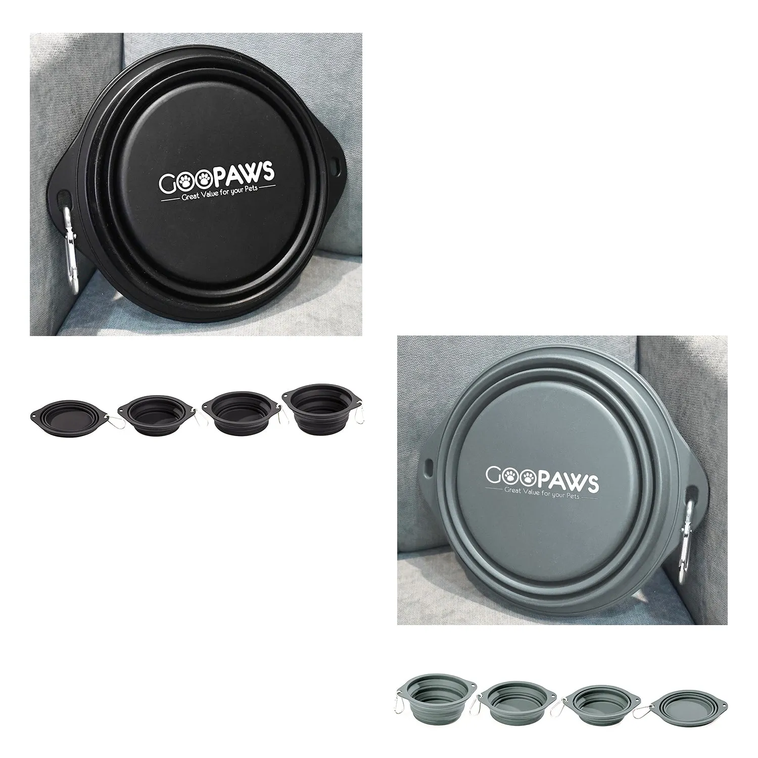GOOPAWS 2 Pack Silicone Non-Skid Travel Dog and Cat Bowl, Black&Grey
