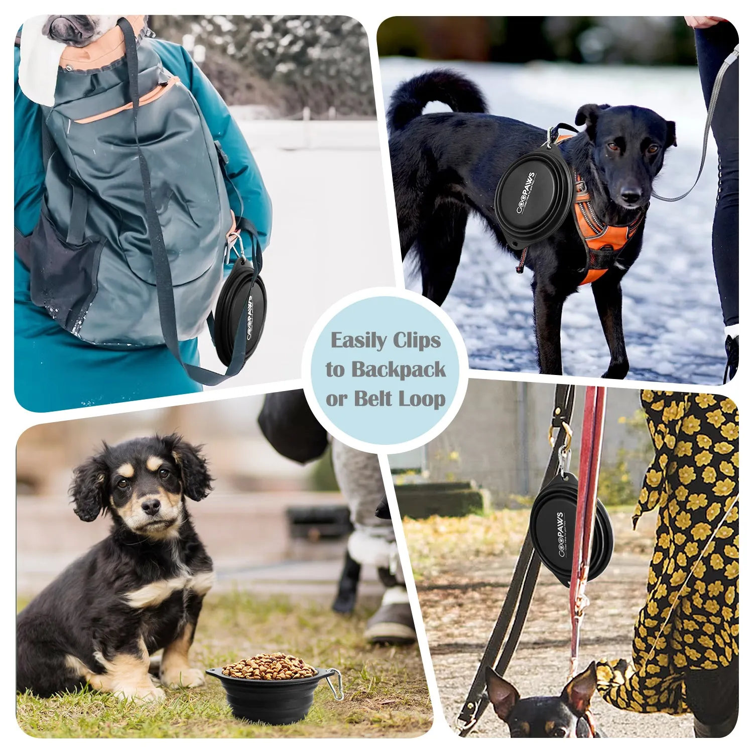 GOOPAWS 2 Pack Silicone Non-Skid Travel Dog and Cat Bowl, Black&Grey