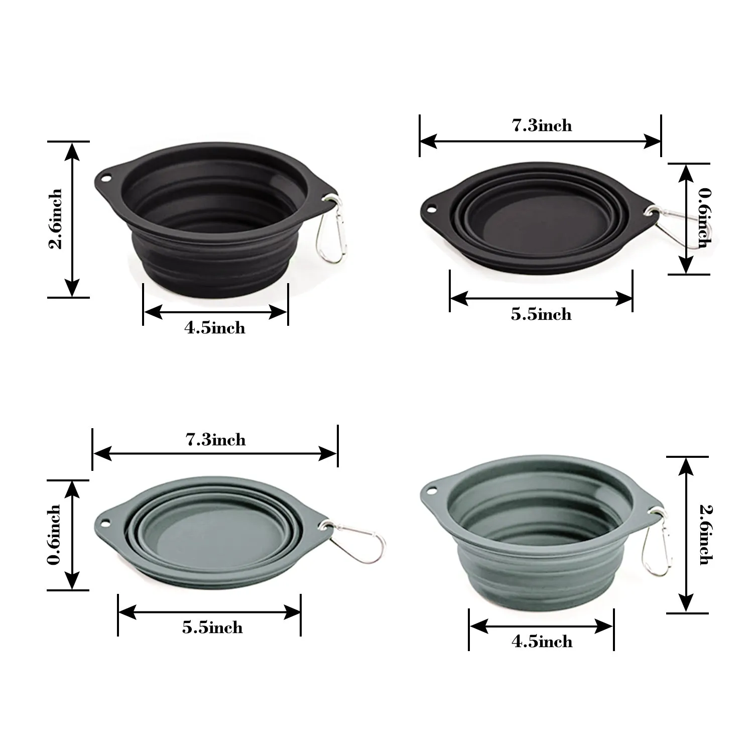 GOOPAWS 2 Pack Silicone Non-Skid Travel Dog and Cat Bowl, Black&Grey