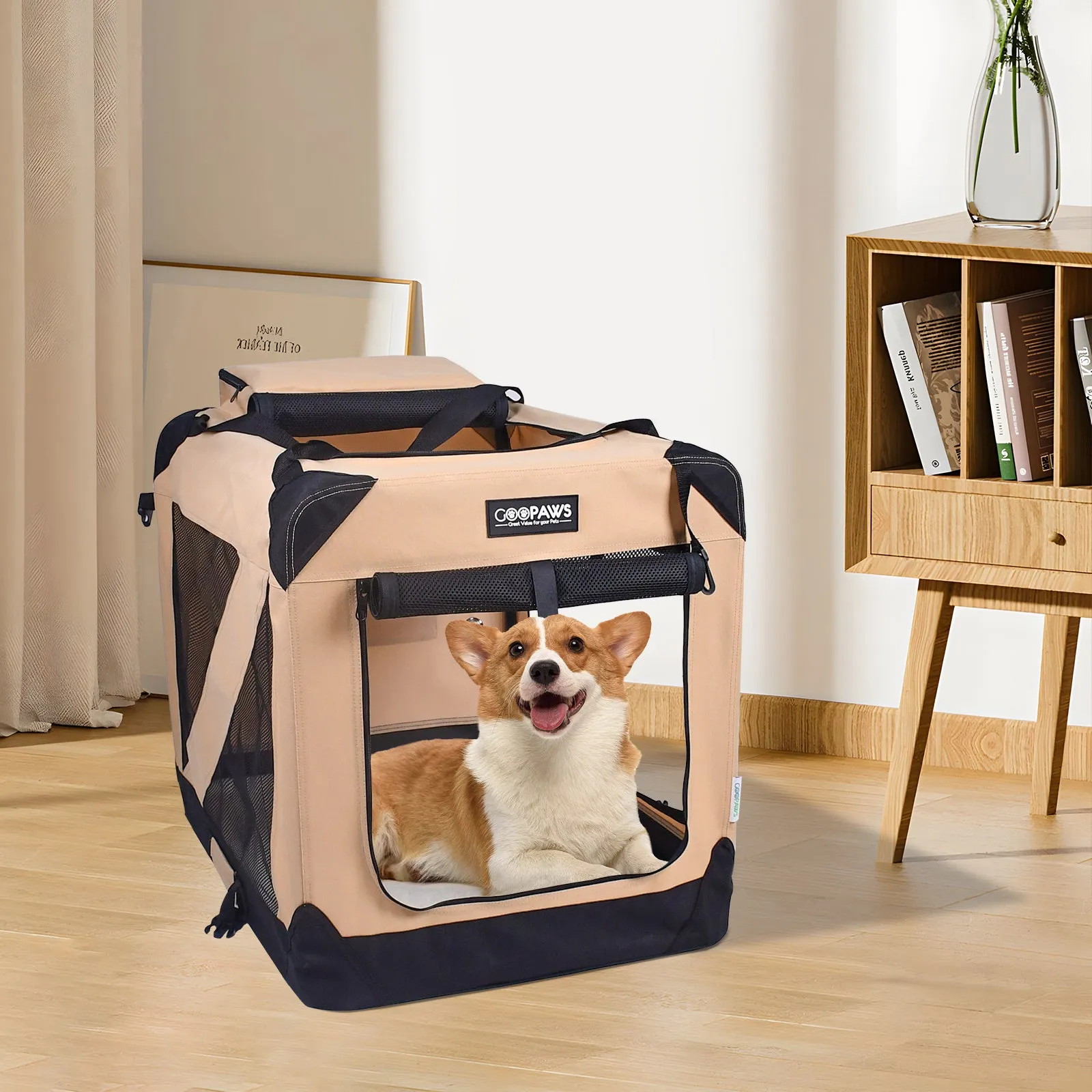 Jespet Indoor & Outdoor 3-Door Collapsible Soft-Sided Dog, Cat & Small Pet Crate, Beige, 30''