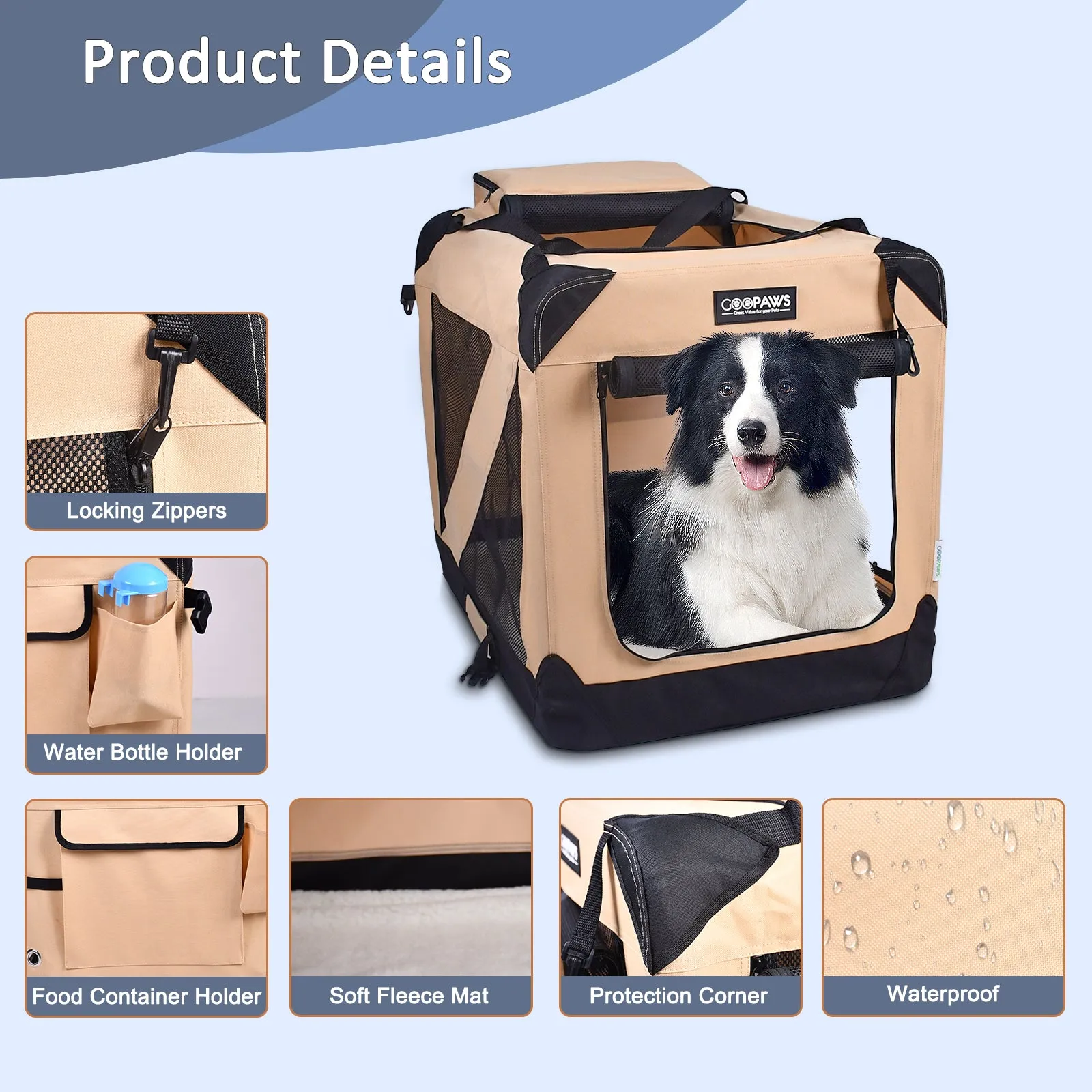 Jespet Indoor & Outdoor 3-Door Collapsible Soft-Sided Dog, Cat & Small Pet Crate, Beige, 30''