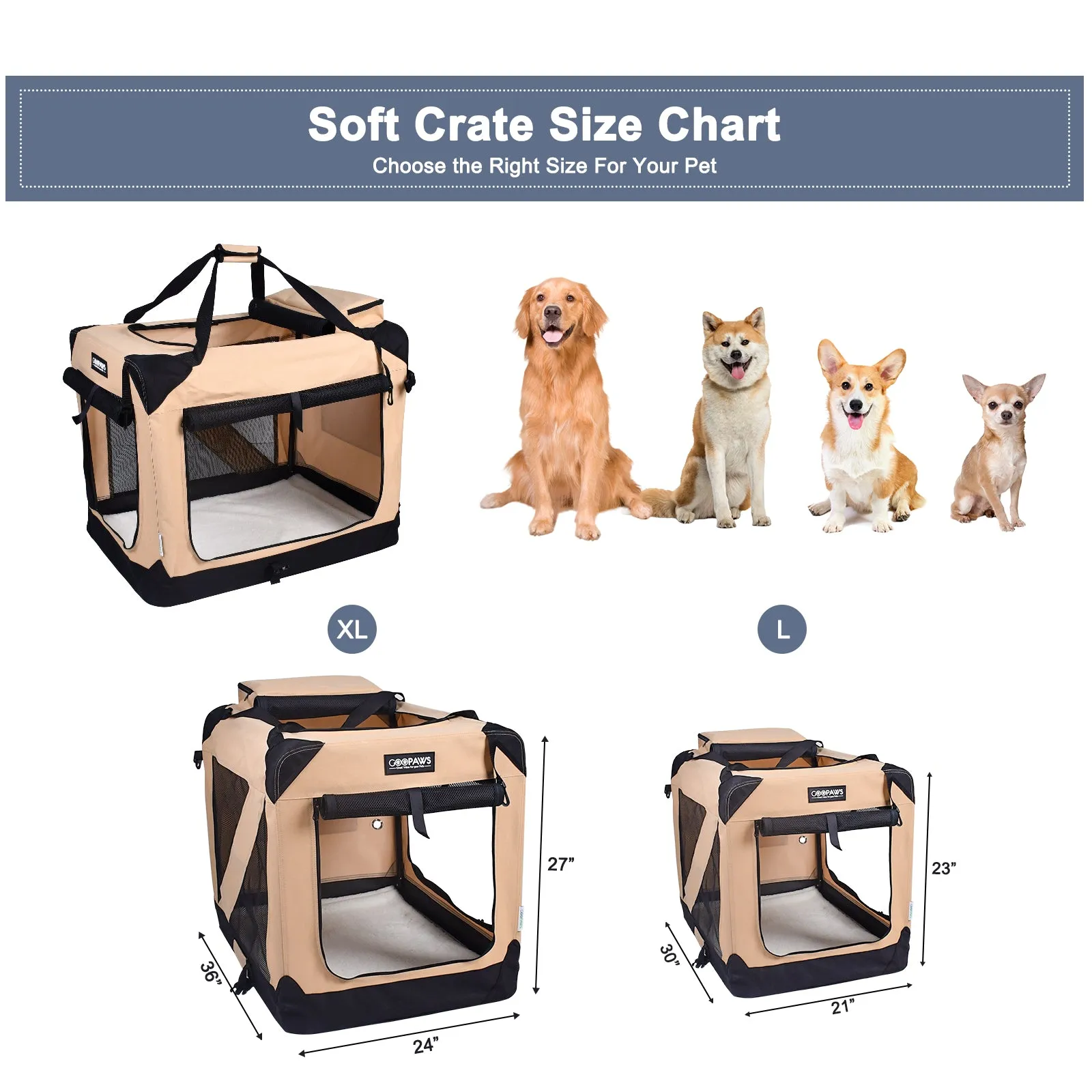 Jespet Indoor & Outdoor 3-Door Collapsible Soft-Sided Dog, Cat & Small Pet Crate, Beige, 30''