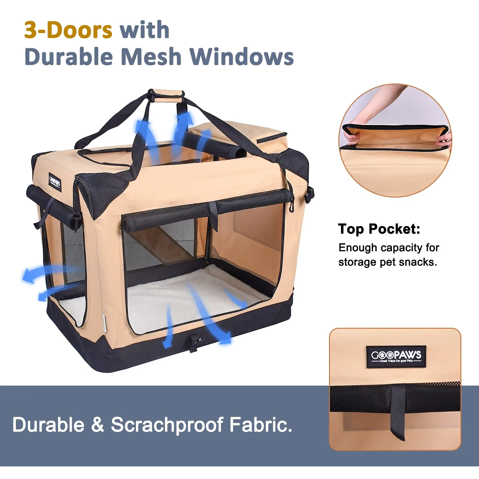 Jespet Indoor & Outdoor 3-Door Collapsible Soft-Sided Dog, Cat & Small Pet Crate, Beige, 30''
