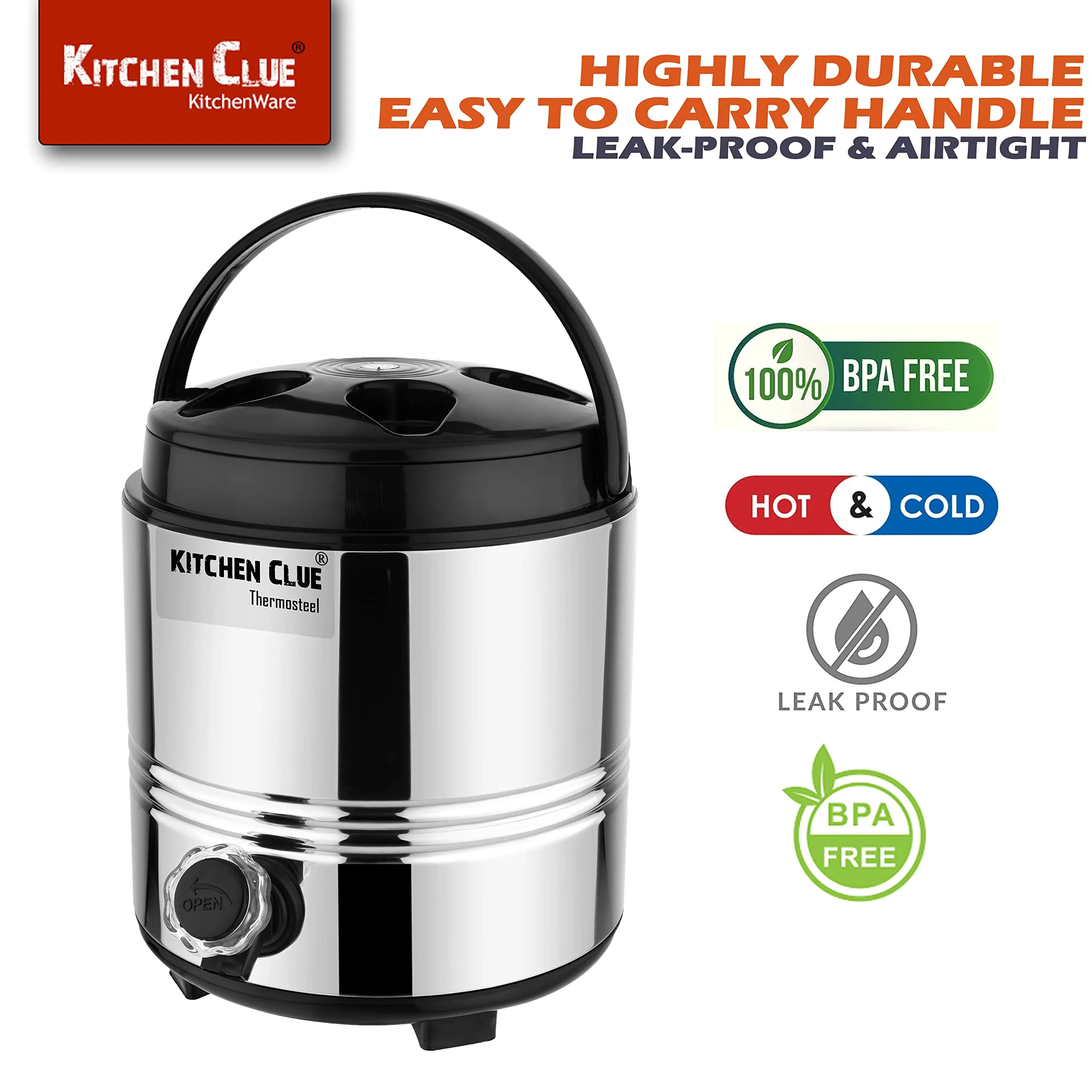 KITCHEN CLUE Stainless Steel PUF Insulated Water/Tea Containers for Kitchen I 5 Liter I Hot Tea Flask/Bottled Jug I Unbreakable & Highly Durable I Easy to Clean & Maintain (5 Liter)