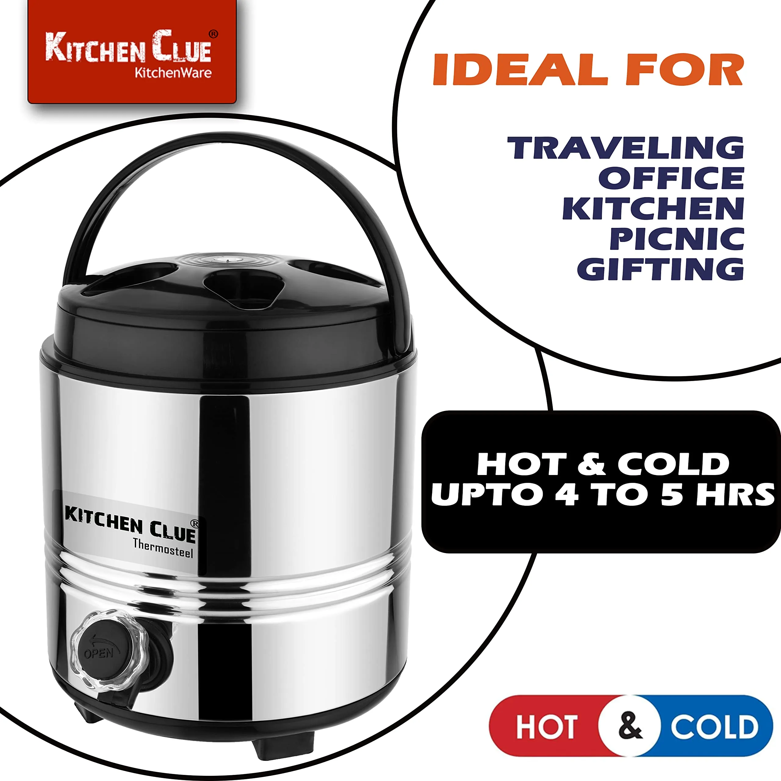 KITCHEN CLUE Stainless Steel PUF Insulated Water/Tea Containers for Kitchen I 5 Liter I Hot Tea Flask/Bottled Jug I Unbreakable & Highly Durable I Easy to Clean & Maintain (5 Liter)