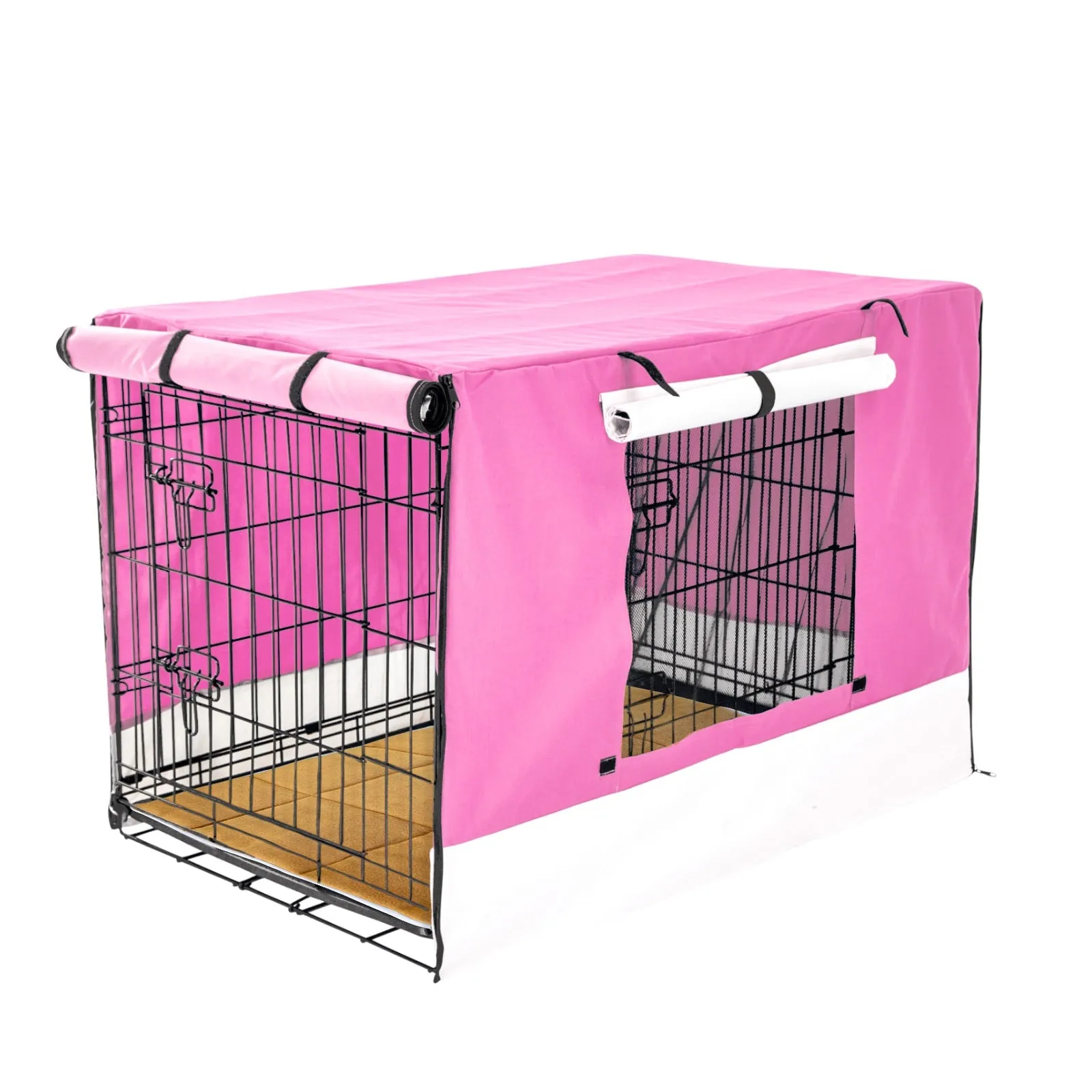 Wire Dog Cage Crate 42in with Tray   Cushion Mat   Pink Cover Combo